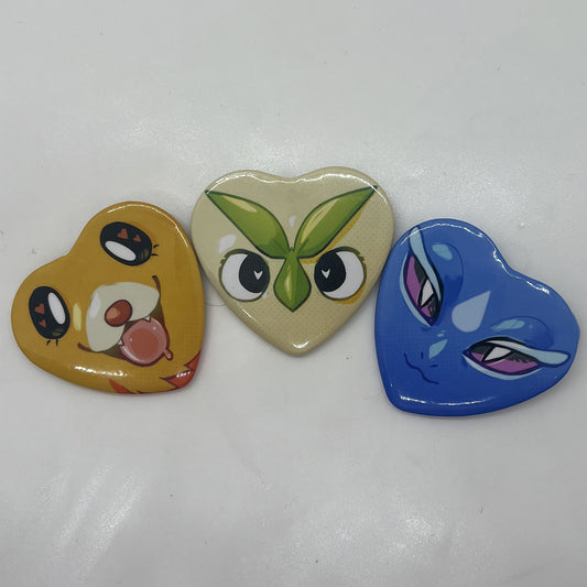 Pocket Monsters Starters Heart Button Pin 2in | 5cm