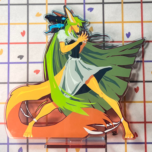 Animated character with green hair and a dragon-like creature on a grid background