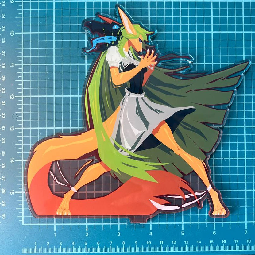 Colorful fox-like creature with green hair and orange body on a blue grid background