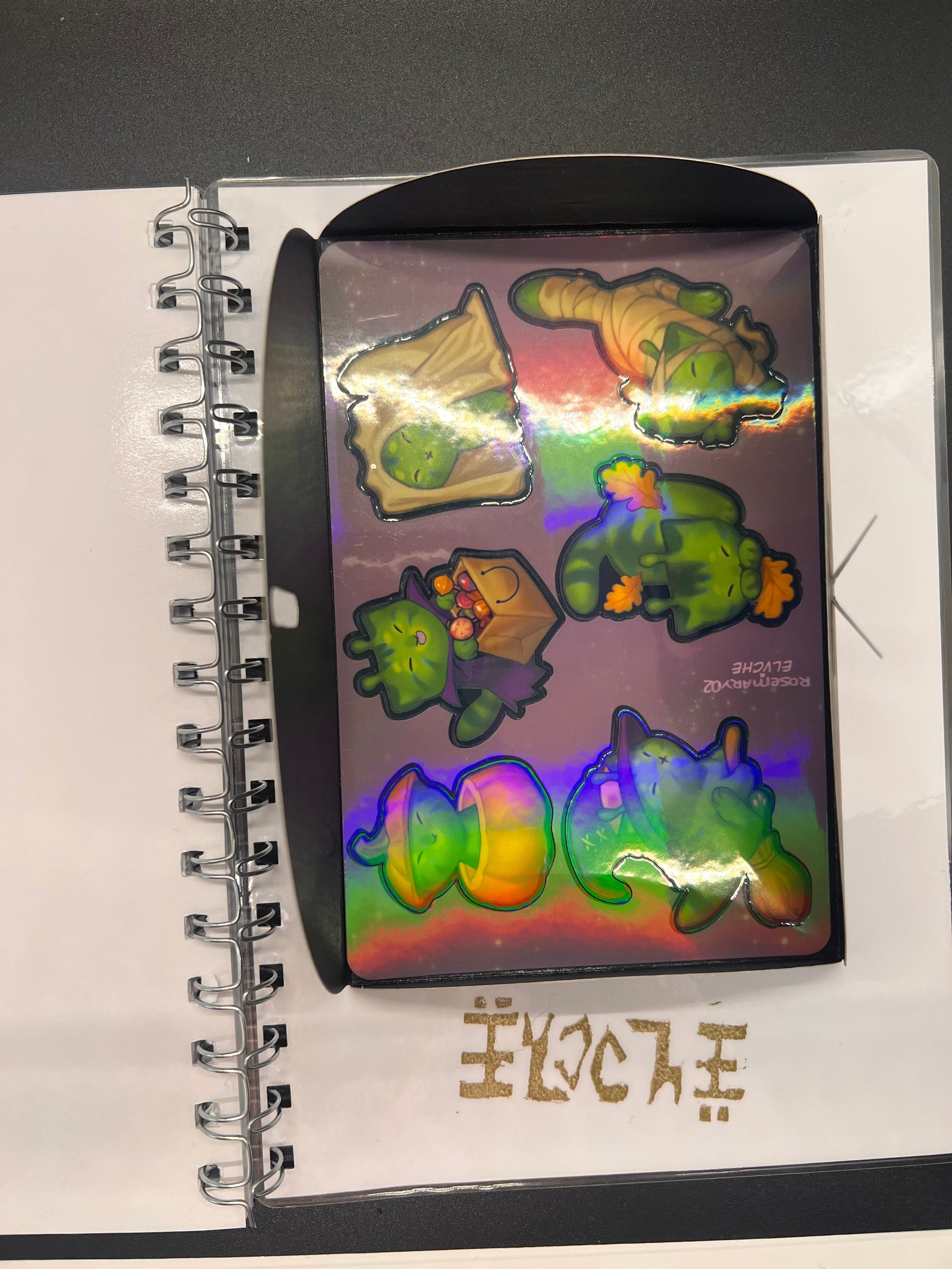 Holographic stickers of cartoon characters on a spiral-bound notebook