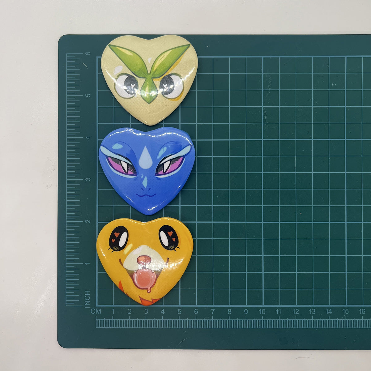 Pocket Monsters Starters Heart Button Pin 2in | 5cm