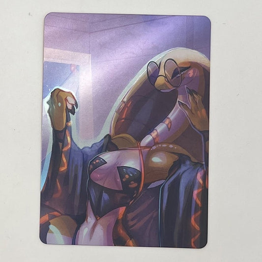 A set of fantasy art cards displayed on a white surface, featuring a large sheet and a smaller card showing a purple-toned illustration of a dragon-like creature.