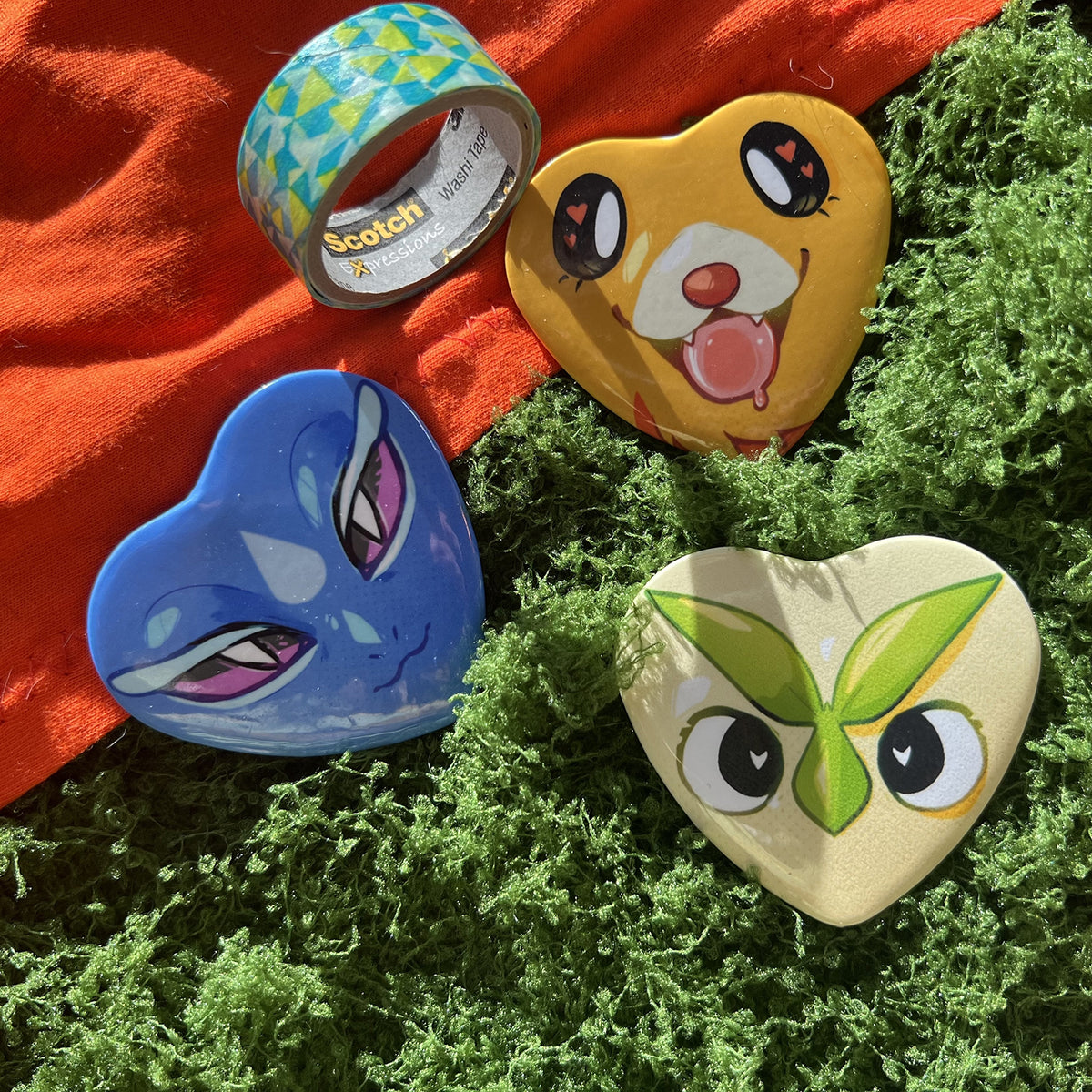 Pocket Monsters Starters Heart Button Pin 2in | 5cm