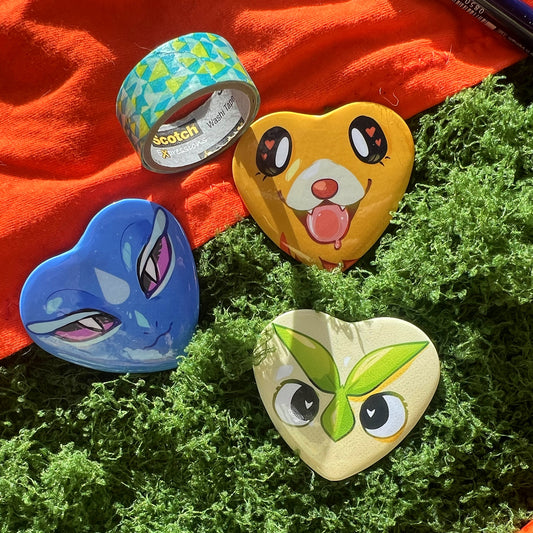 Pocket Monsters Starters Heart Button Pin 2in | 5cm