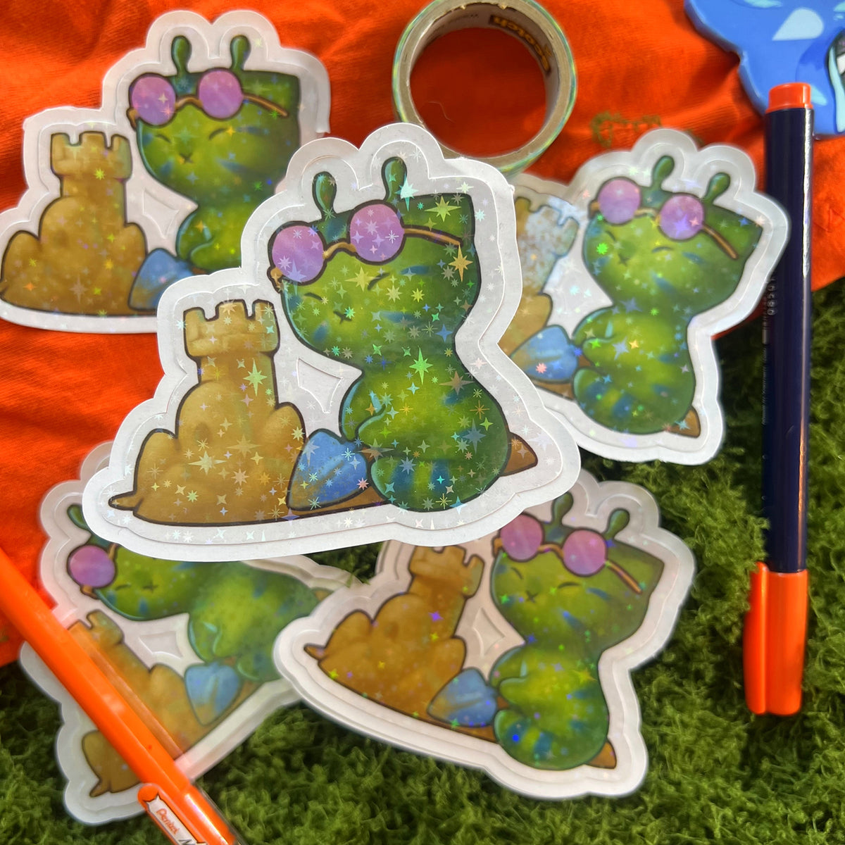 Glorp Alien Kitty Summer Building Sand Castle Star Holo Sticker: Water Resistant 3in | 7cm