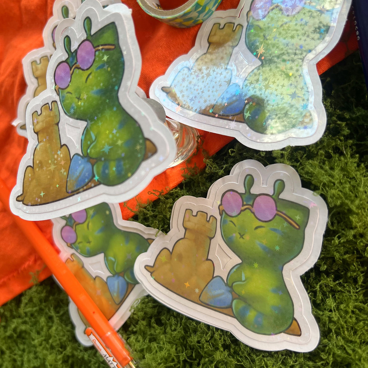 Glorp Alien Kitty Summer Building Sand Castle Star Holo Sticker: Water Resistant 3in | 7cm