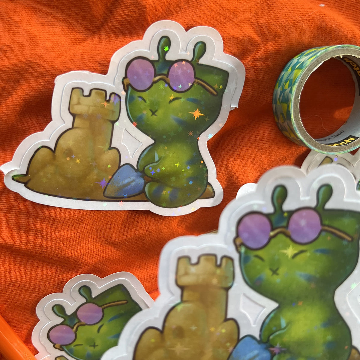 Glorp Alien Kitty Summer Building Sand Castle Star Holo Sticker: Water Resistant 3in | 7cm