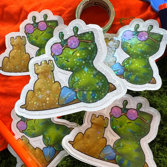 Glorp Alien Kitty Summer Building Sand Castle Star Holo Sticker: Water Resistant 3in | 7cm