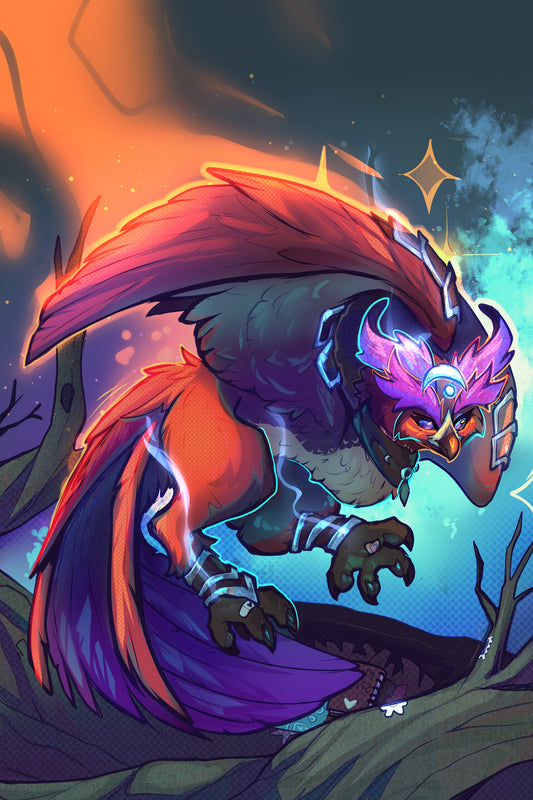 Colorful owl-like creature with fiery tail against a mystical background